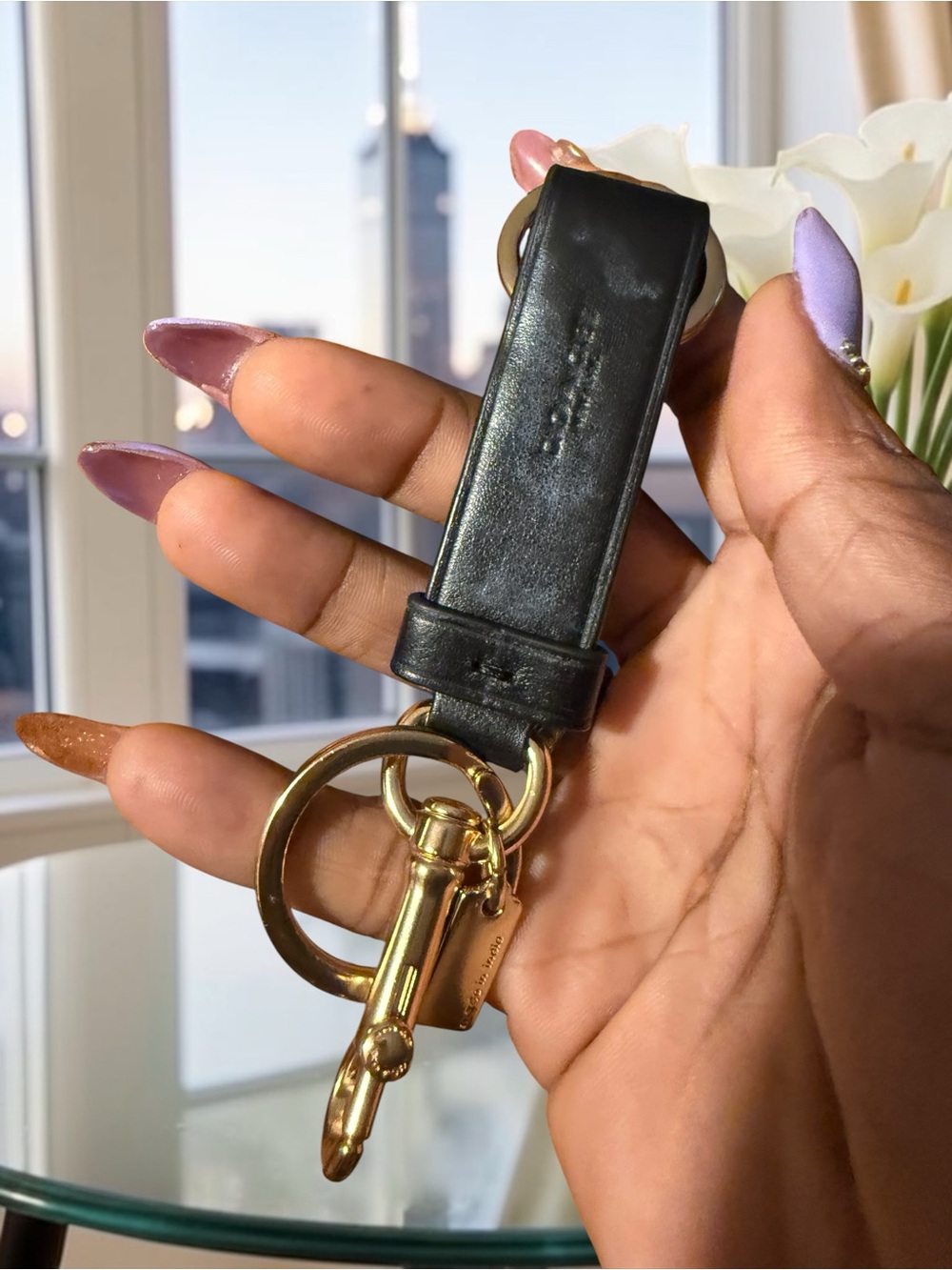 Coach Leather Trigger Snap Bag Charm Valet Key Ring Fob Black Gold - Picture 3 of 5